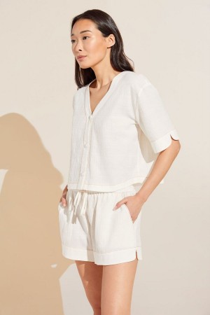 Piżama Damskie Eberjey Crinkle Woven Short Sleeve Top & Short Set Białe | FWV3968SI