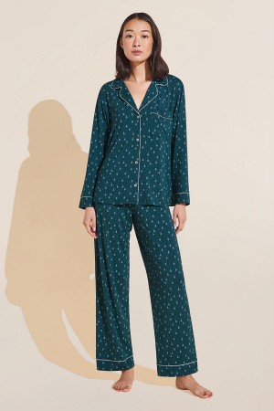 Piżama Damskie Eberjey Gisele Printed TENCEL™ Modal Long PJ Set Ciemny Zielone Białe | JIC2347NX