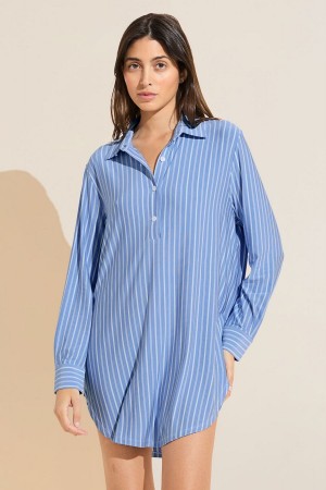 Piżama Damskie Eberjey Gisele Printed TENCEL™ Modal Boyfriend Sleepshirt Niebieskie Białe | JVM6699MI