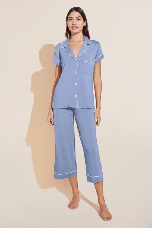 Piżama Damskie Eberjey Gisele TENCEL™ Modal Short Sleeve Cropped PJ Set Niebieskie Białe | VUN6651PA