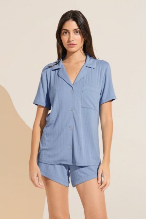 Piżama Damskie Eberjey Gisele TENCEL™ Modal Rib Relaxed Short PJ Set Niebieskie | OCP4127VV