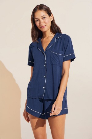 Piżama Damskie Eberjey Gisele TENCEL™ Modal Relaxed Short PJ Set Granatowe Białe | XZQ2690LP