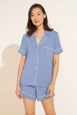 Piżama Damskie Eberjey Gisele TENCEL™ Modal Relaxed Short PJ Set Niebieskie Białe | JOE7689UC