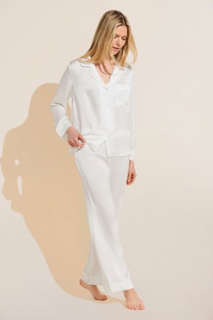 Piżama Damskie Eberjey Inez Textured Washable Silk Long PJ Set Białe | AVD7196NZ