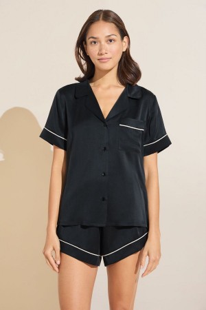 Piżama Damskie Eberjey Inez Washable Silk Short PJ Set Czarne | TWU617CY