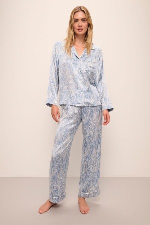 Piżama Damskie Eberjey Inez Washable Silk Printed Long PJ Set Niebieskie Białe | ZNW490FF