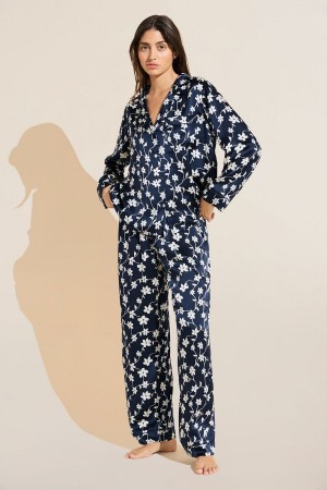 Piżama Damskie Eberjey Inez Washable Silk Printed Long PJ Set Granatowe Białe | BKX7554PU