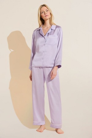 Piżama Damskie Eberjey Inez Washable Silk Long PJ Set Fioletowe Białe | PZY8120ST