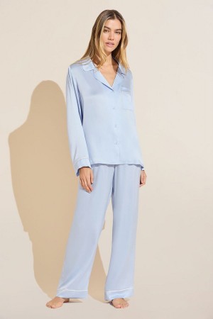 Piżama Damskie Eberjey Inez Washable Silk Long PJ Set Niebieskie | JWD6878AN