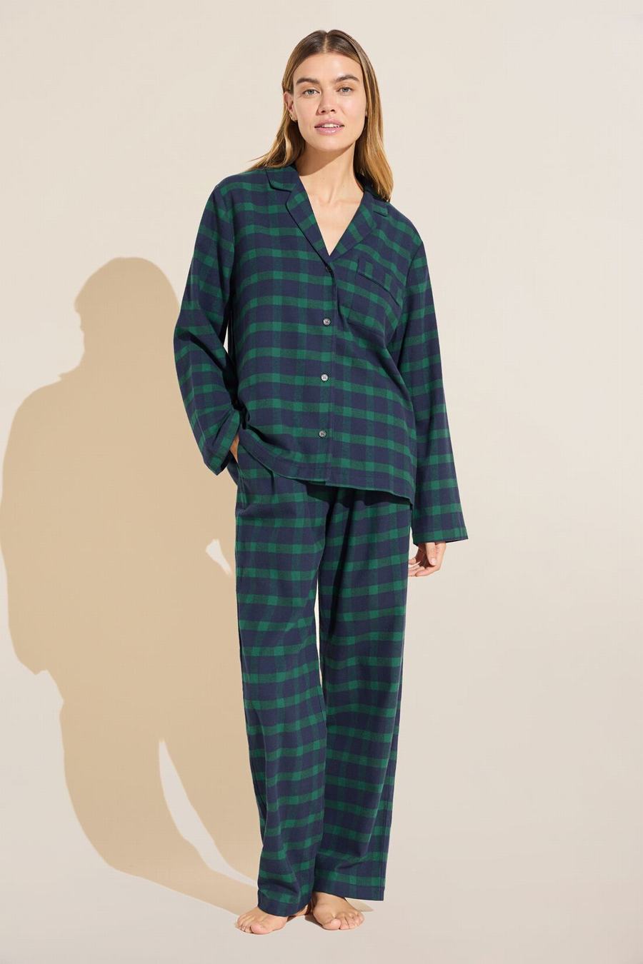 Piżama Damskie Eberjey Flannel Long PJ Set Granatowe Zielone | TWE9061BX