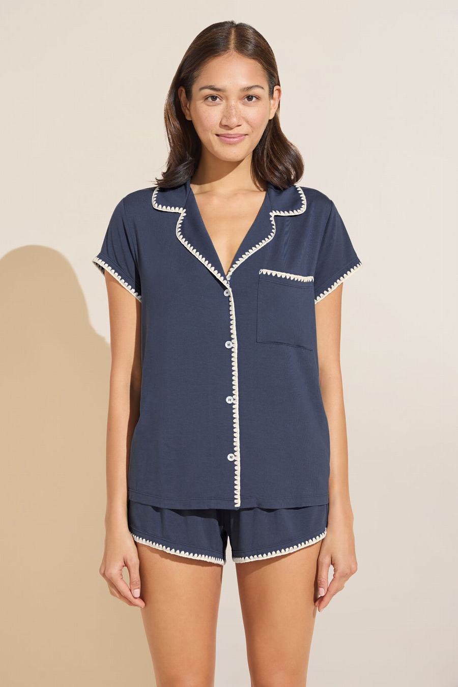 Piżama Damskie Eberjey Frida TENCEL™ Modal Shortie Short PJ Set Niebieskie Białe | IQS1299OF