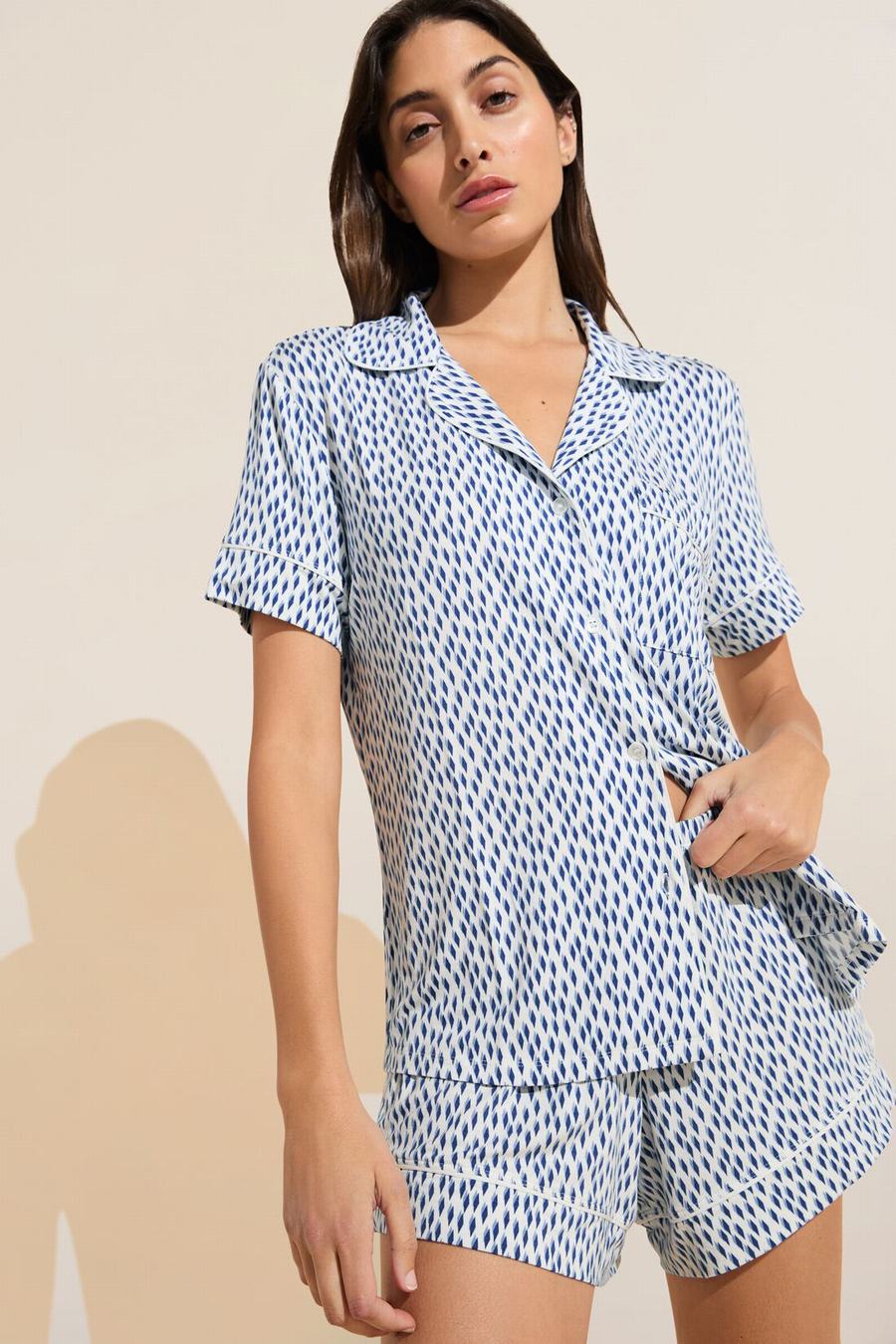 Piżama Damskie Eberjey Gisele Printed TENCEL™ Modal Relaxed Short PJ Set Niebieskie Białe | QAI727XU