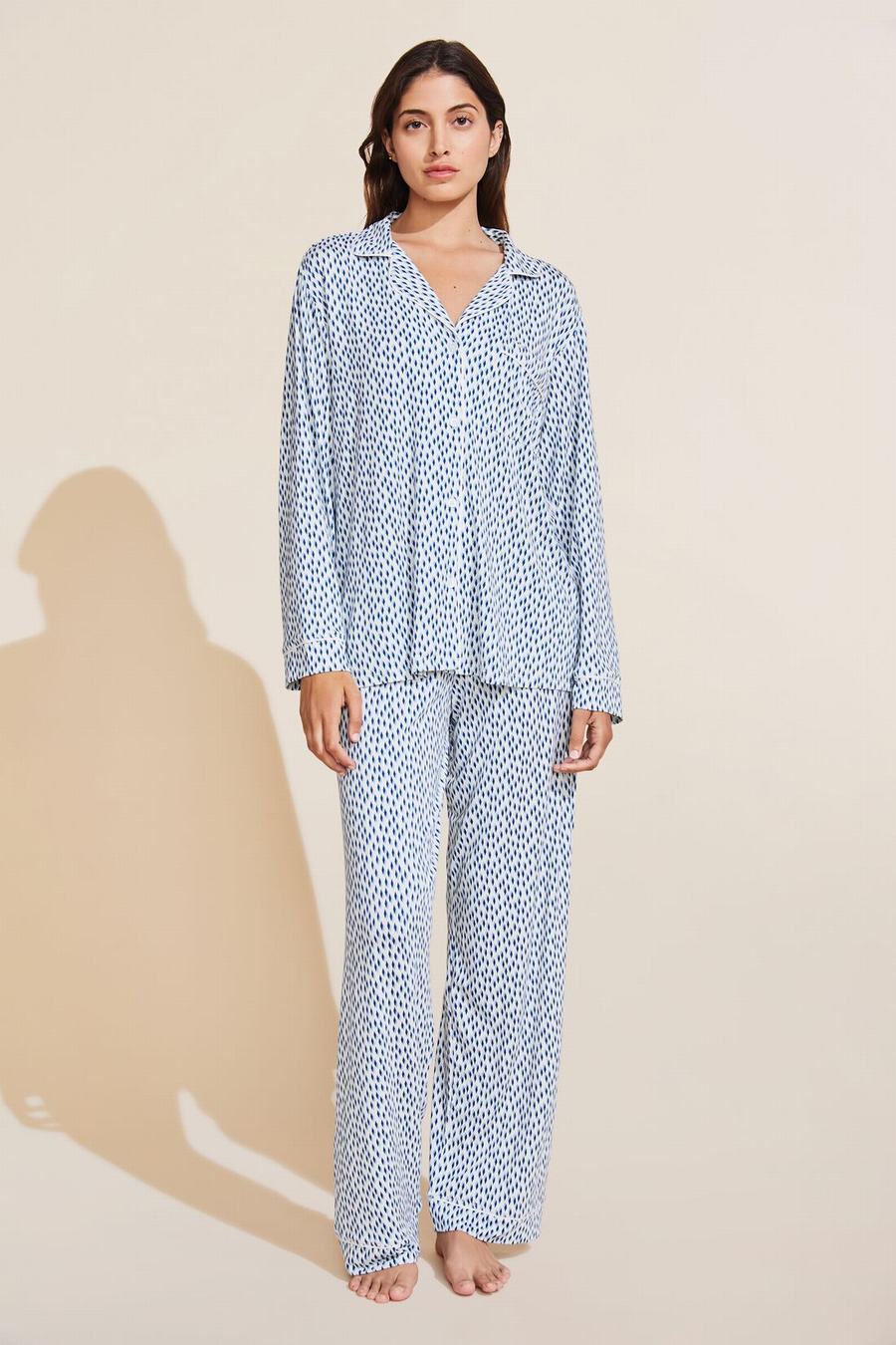 Piżama Damskie Eberjey Gisele Printed TENCEL™ Modal Long PJ Set Niebieskie Białe | NBK1714SZ