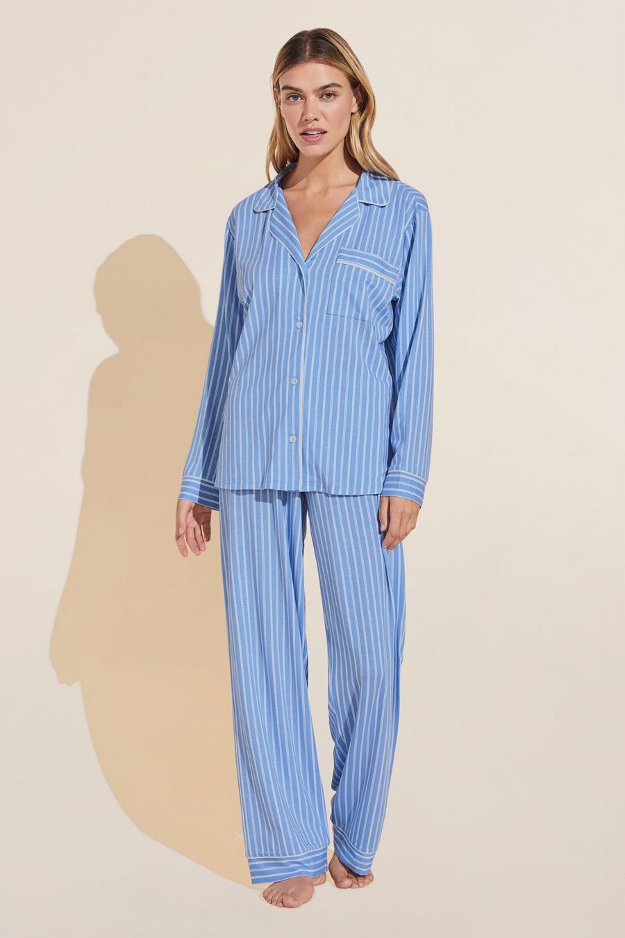 Piżama Damskie Eberjey Gisele Printed TENCEL™ Modal Long PJ Set Niebieskie Białe | INH2978OE