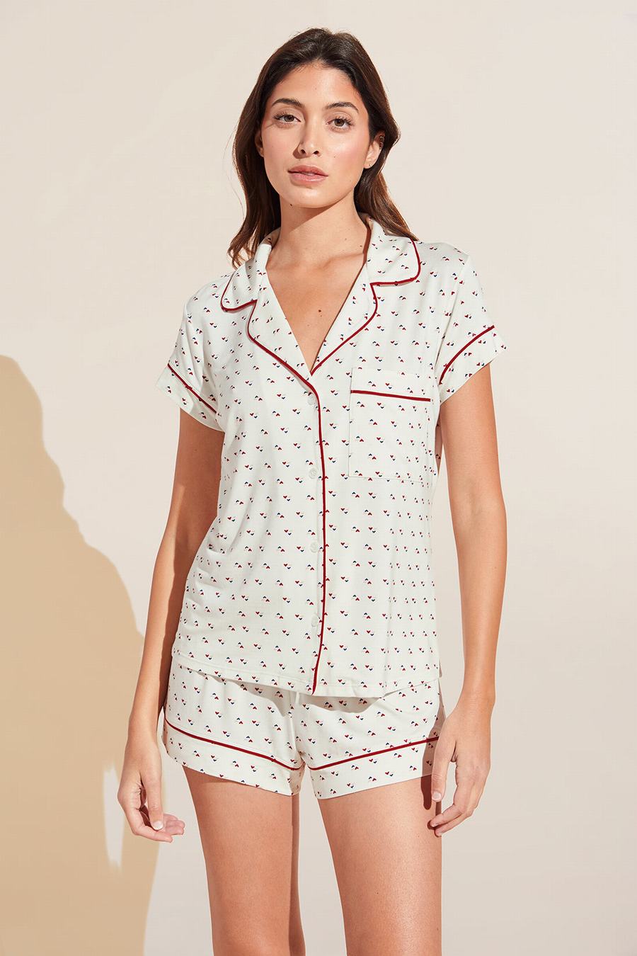 Piżama Damskie Eberjey Gisele Printed TENCEL Modal Shortie Short PJ Set Białe Czerwone | RIR1526MT