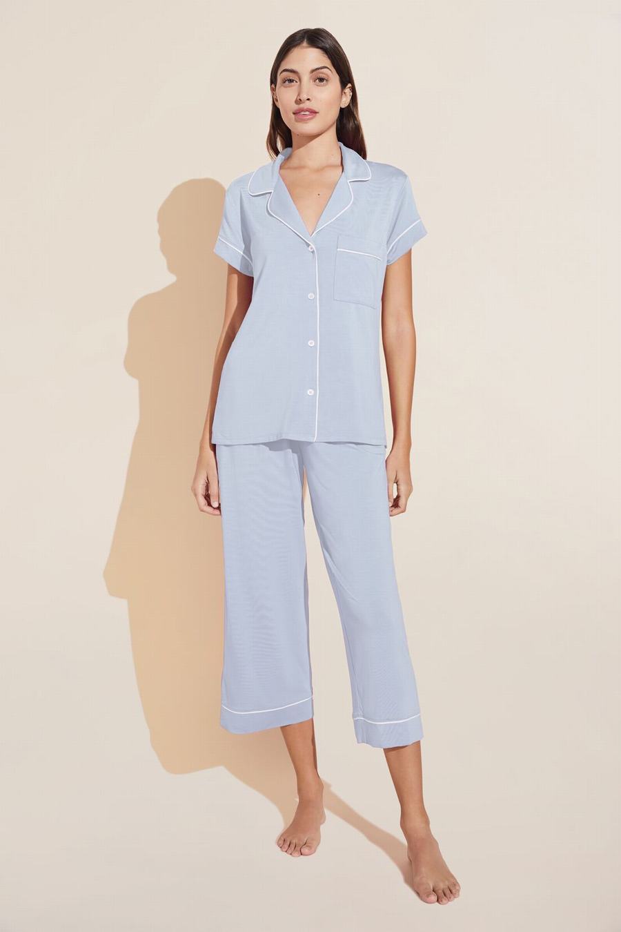 Piżama Damskie Eberjey Gisele TENCEL™ Modal Short Sleeve Cropped PJ Set Niebieskie Białe | CGZ8410RU