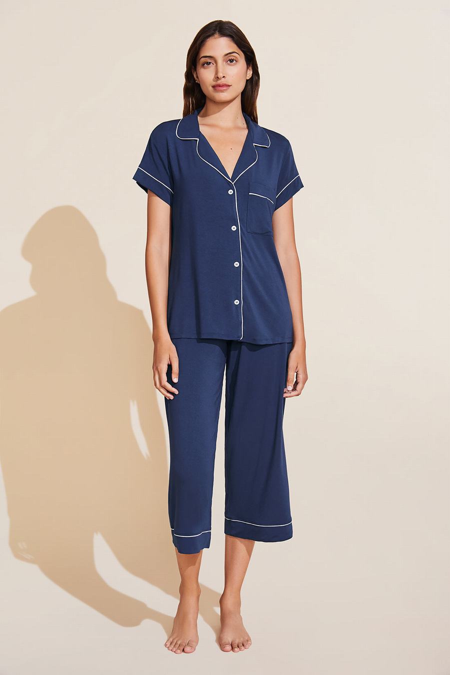 Piżama Damskie Eberjey Gisele TENCEL™ Modal Short Sleeve Cropped PJ Set Granatowe Białe | RSF1515CE