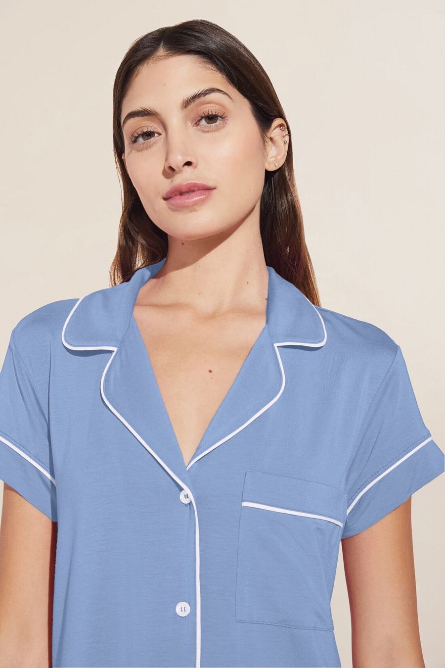 Piżama Damskie Eberjey Gisele TENCEL™ Modal Short Sleeve Cropped PJ Set Niebieskie Białe | VUN6651PA