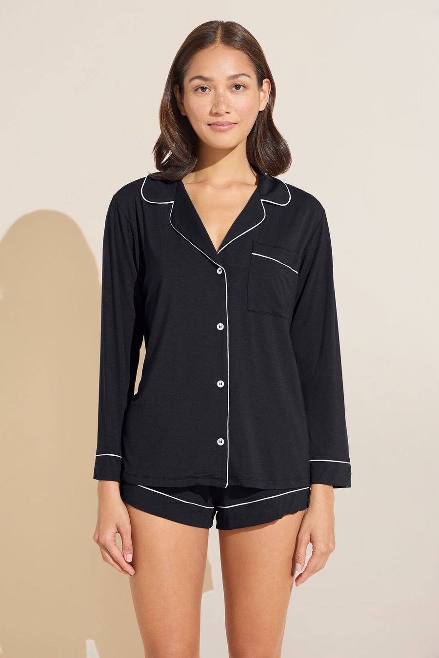 Piżama Damskie Eberjey Gisele TENCEL™ Modal Long Sleeve & Shortie Short PJ Set Czarne Białe | TTR3190FC