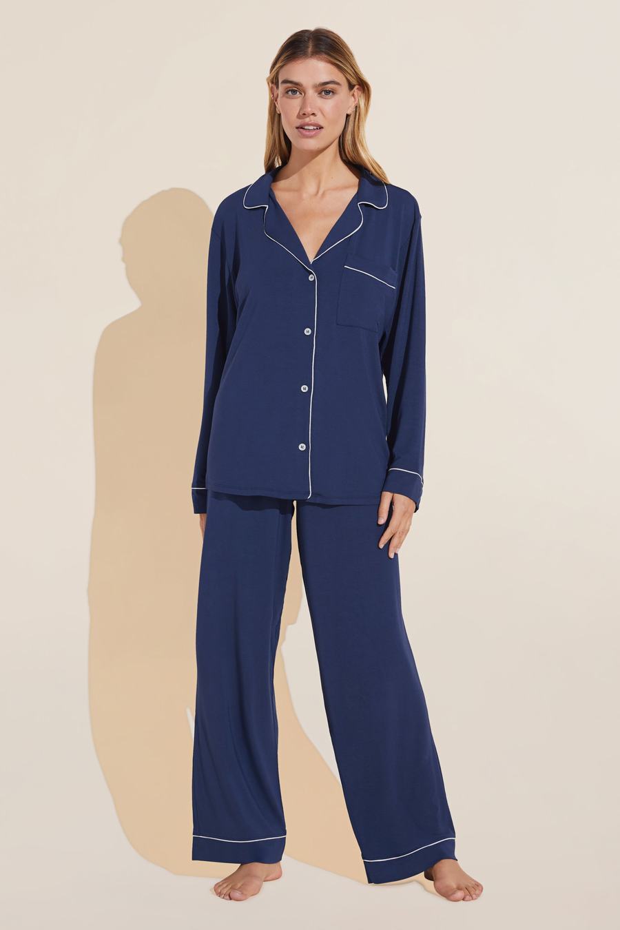 Piżama Damskie Eberjey Gisele TENCEL™ Modal Long PJ Set Granatowe Białe | VBS63LN