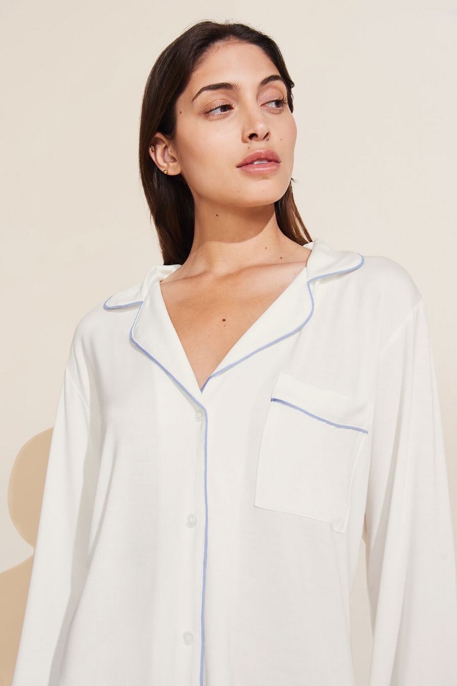 Piżama Damskie Eberjey Gisele TENCEL™ Modal Long PJ Set Białe Niebieskie | KFW8941IQ