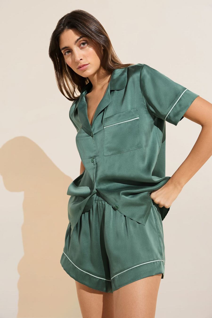 Piżama Damskie Eberjey Inez Washable Silk Short PJ Set Ciemny Zielone | CSO8842BV