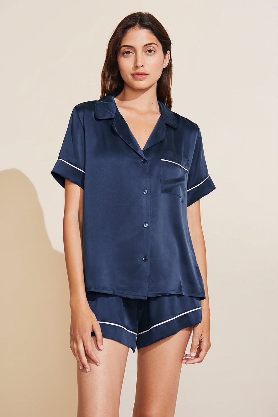 Piżama Damskie Eberjey Inez Washable Silk Short PJ Set Granatowe | LAA3237KJ