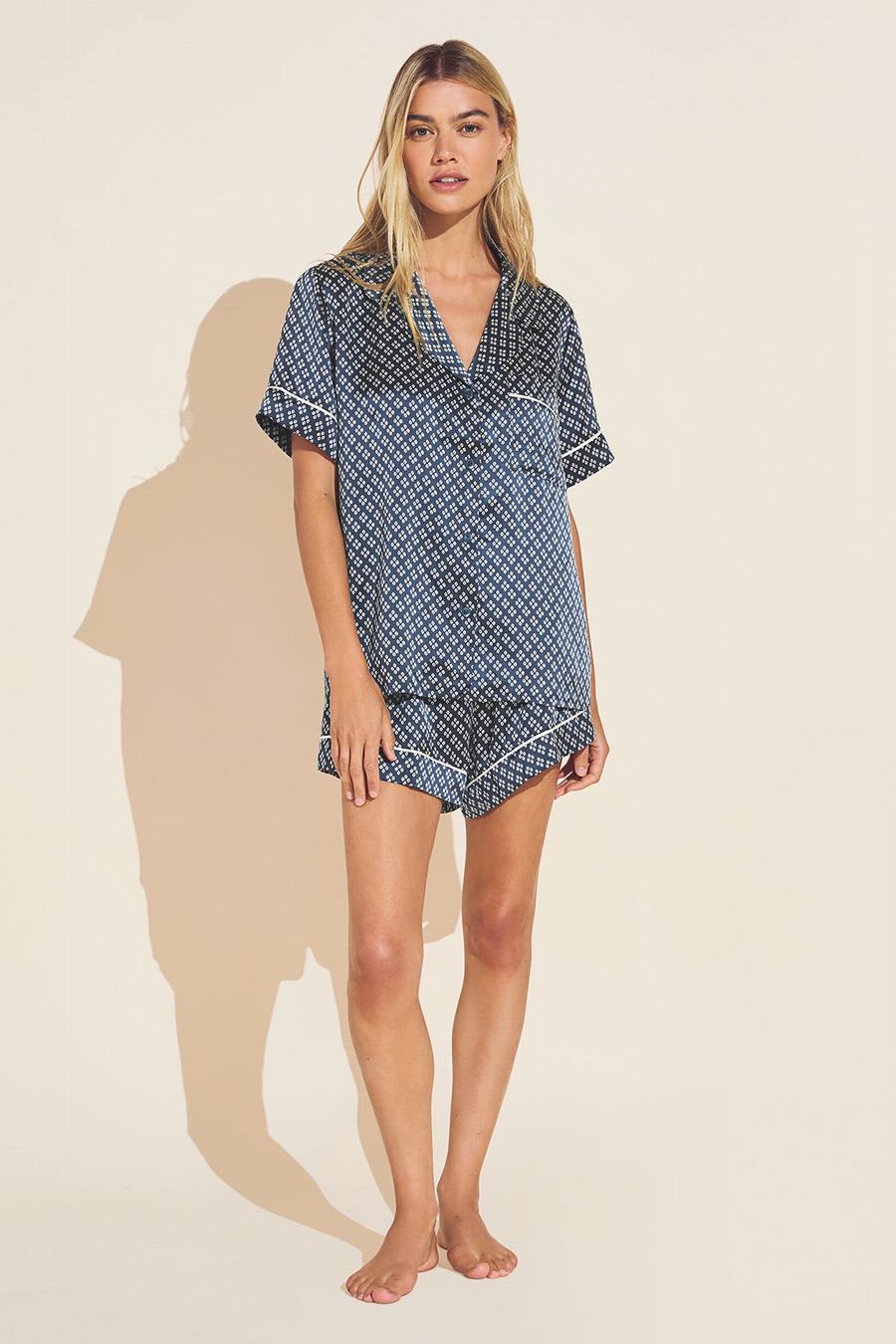 Piżama Damskie Eberjey Inez Washable Silk Printed Short PJ Set Indygo Niebieskie Beżowe | NAJ6837NK