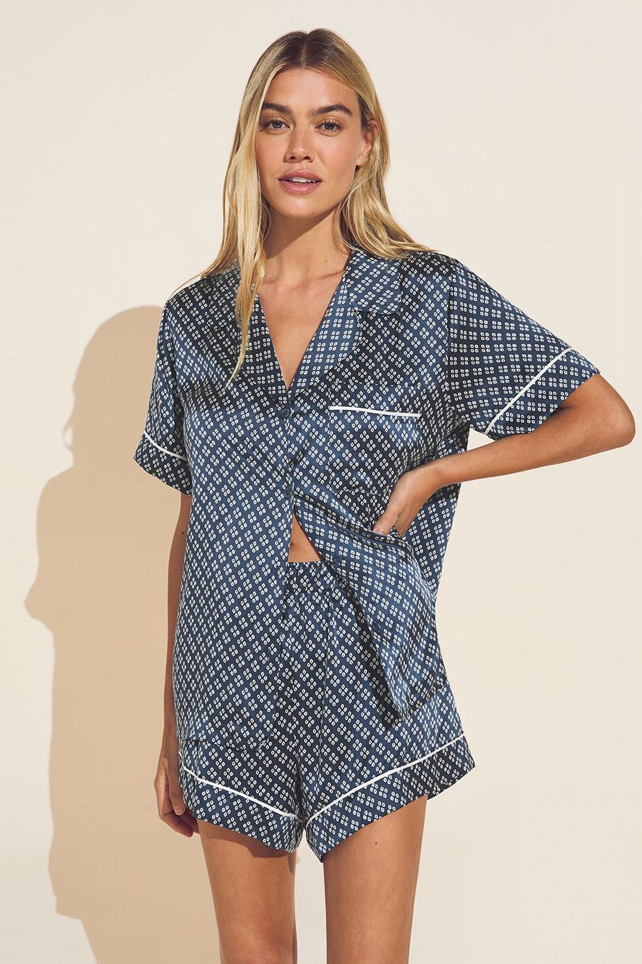 Piżama Damskie Eberjey Inez Washable Silk Printed Short PJ Set Indygo Niebieskie Beżowe | NAJ6837NK