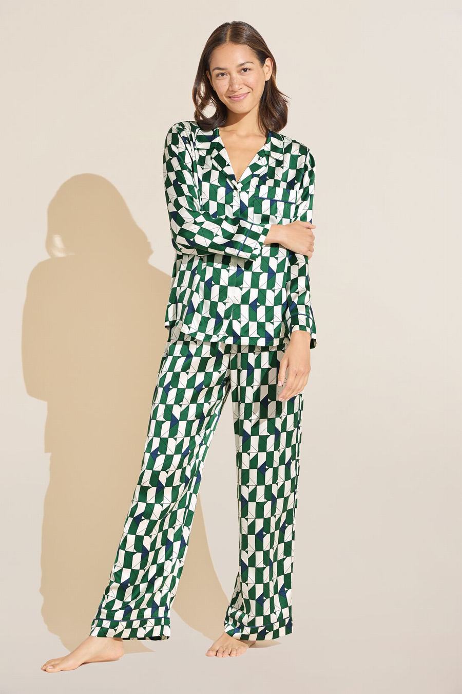 Piżama Damskie Eberjey Inez Washable Silk Printed Long PJ Set Zielone Granatowe Białe | MWY1210VD