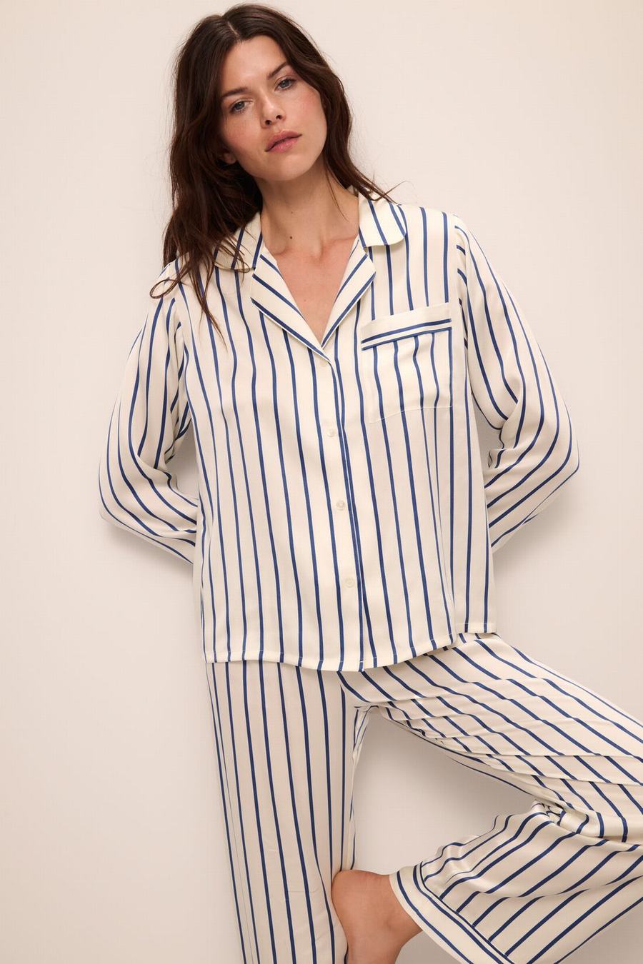 Piżama Damskie Eberjey Inez Washable Silk Printed Long PJ Set Białe Niebieskie | LRH9692EI