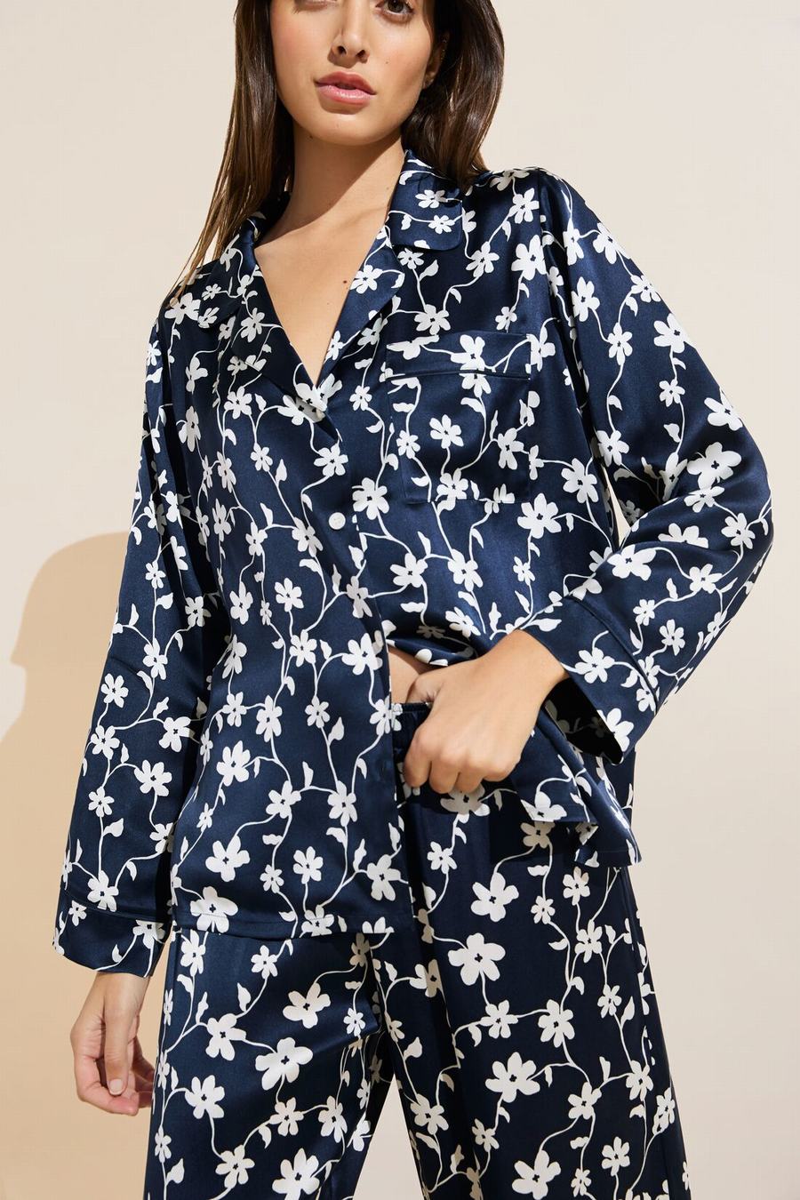 Piżama Damskie Eberjey Inez Washable Silk Printed Long PJ Set Granatowe Białe | BKX7554PU