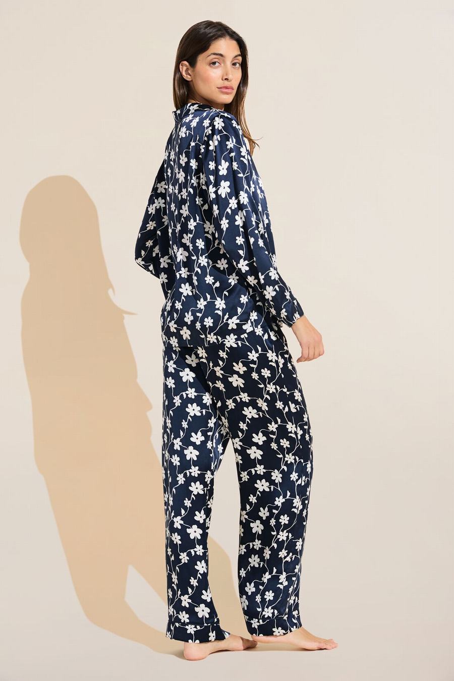 Piżama Damskie Eberjey Inez Washable Silk Printed Long PJ Set Granatowe Białe | BKX7554PU