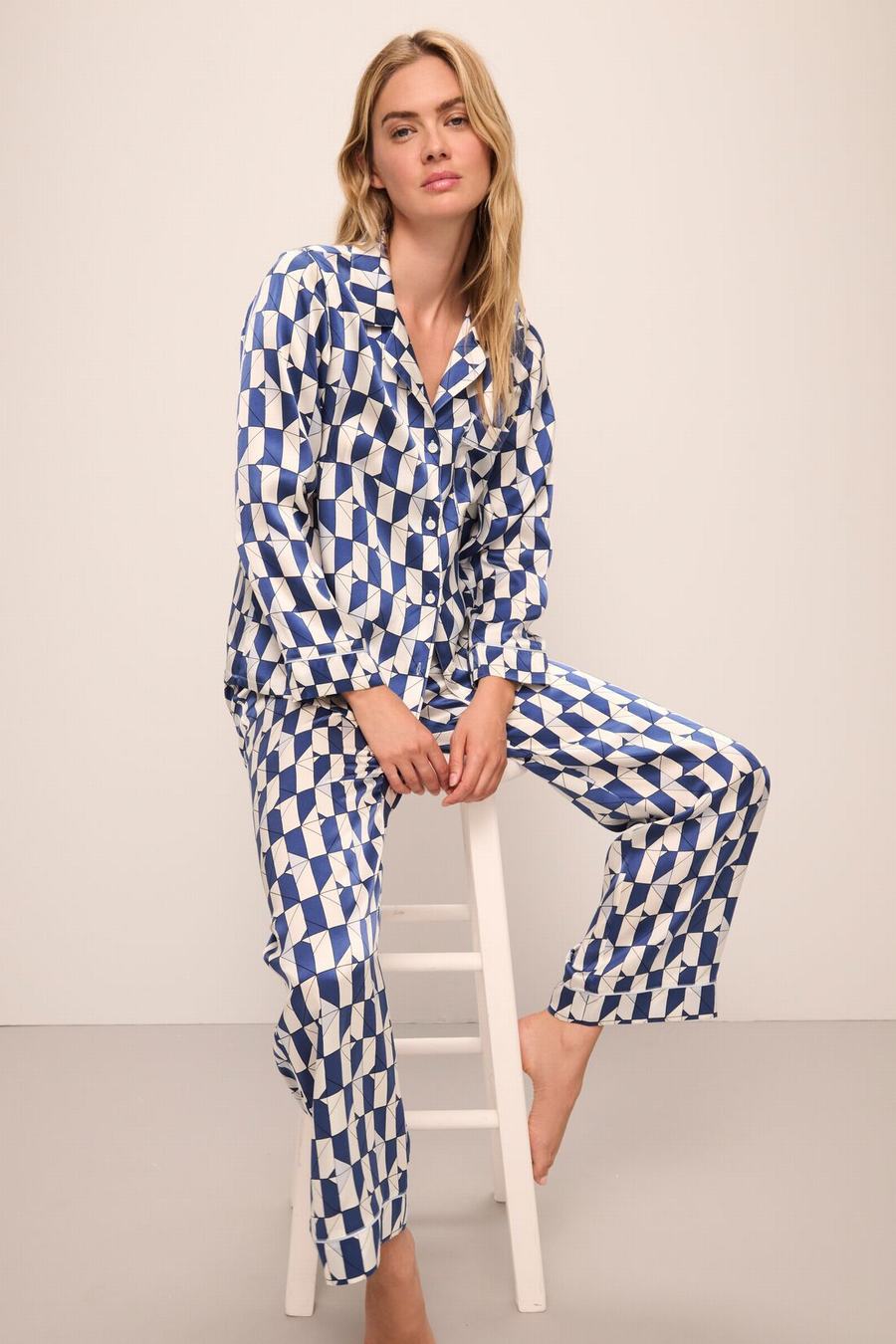 Piżama Damskie Eberjey Inez Washable Silk Printed Long PJ Set Niebieskie Białe | WUJ704RZ