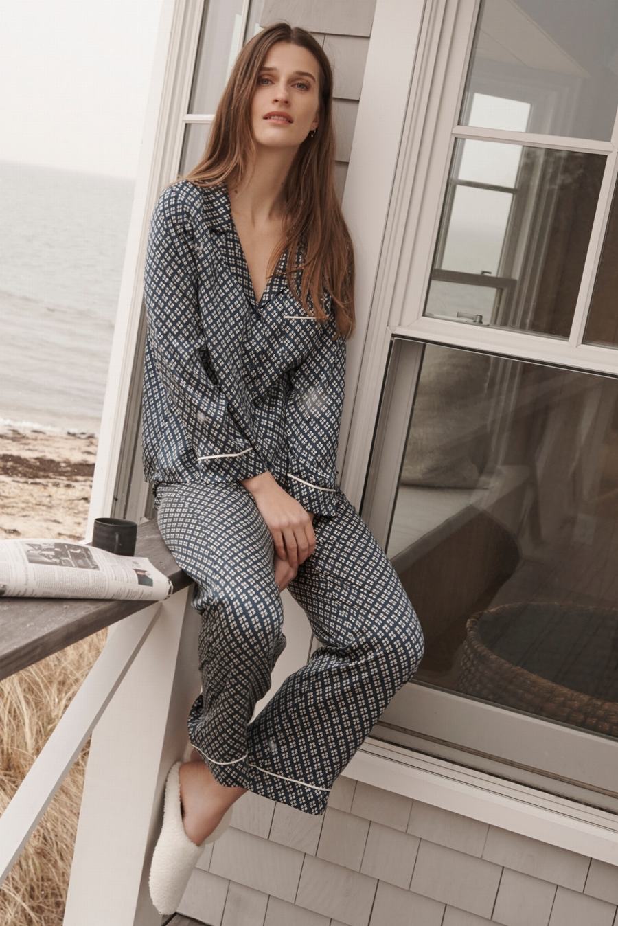 Piżama Damskie Eberjey Inez Washable Silk Printed Long PJ Set Indygo Niebieskie Beżowe | NGZ32FE