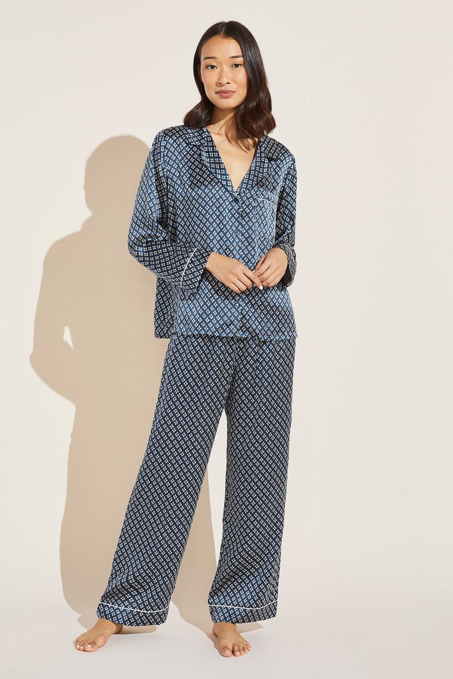 Piżama Damskie Eberjey Inez Washable Silk Printed Long PJ Set Indygo Niebieskie Beżowe | NGZ32FE