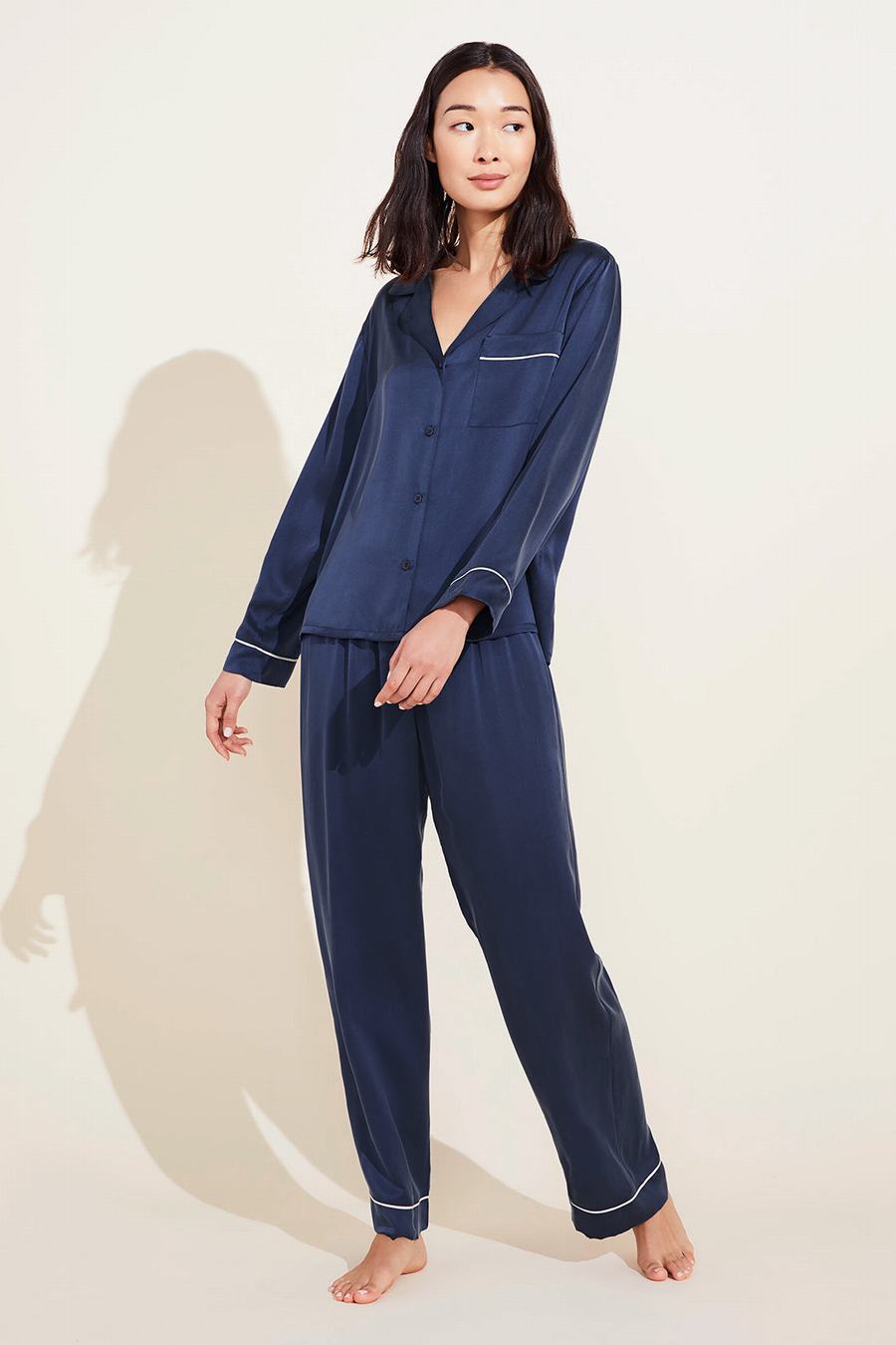 Piżama Damskie Eberjey Inez Washable Silk Long PJ Set Granatowe | HIY4687HQ