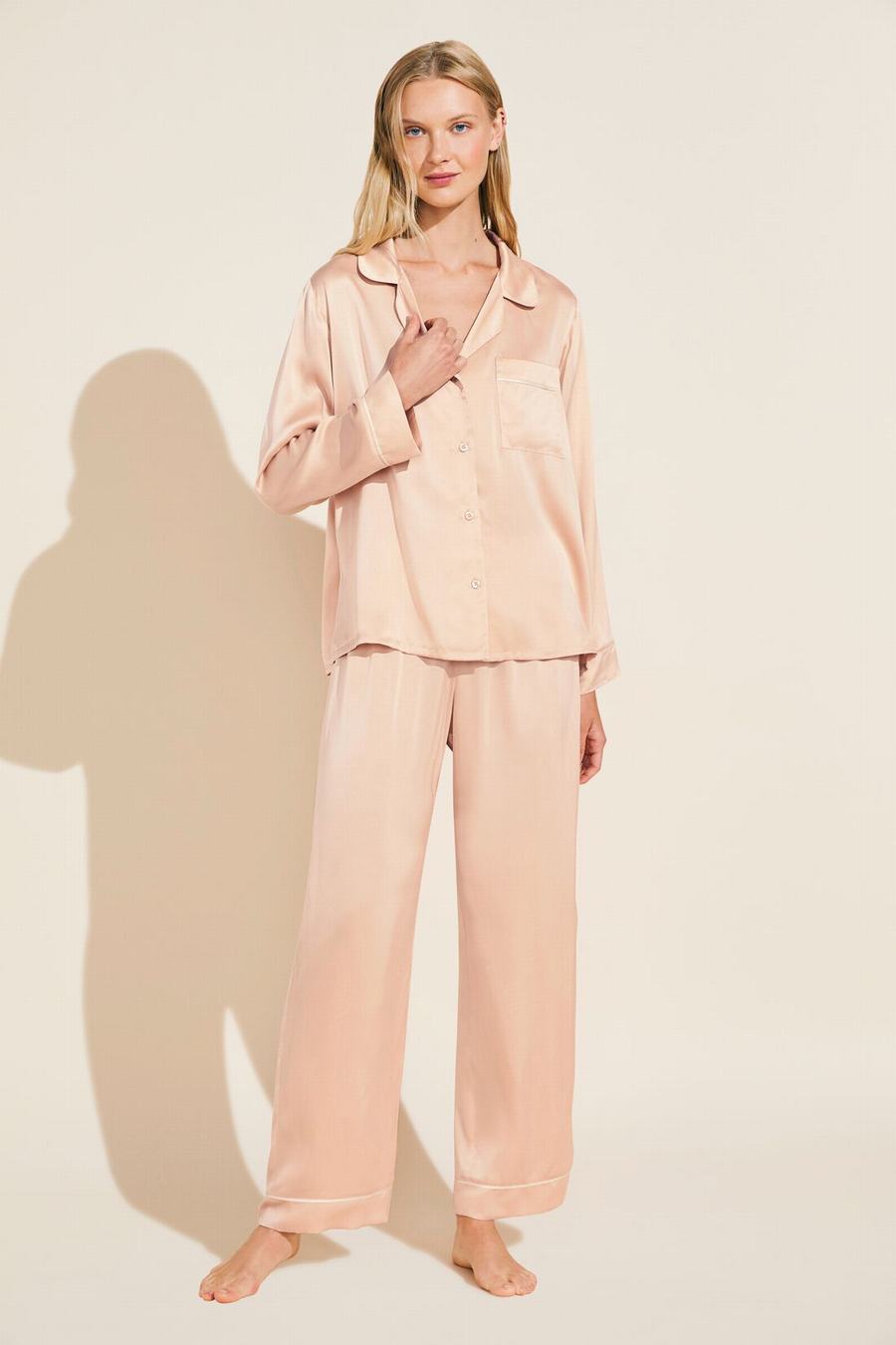 Piżama Damskie Eberjey Inez Washable Silk Long PJ Set Różowe Beżowe | VSA892UZ