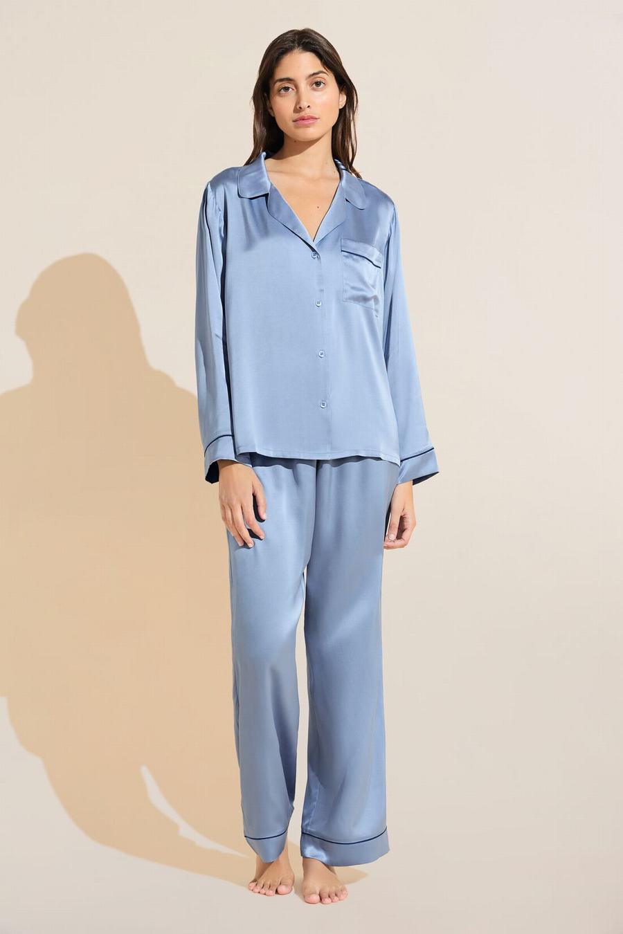 Piżama Damskie Eberjey Inez Washable Silk Long PJ Set Niebieskie Granatowe | CJP8753CG