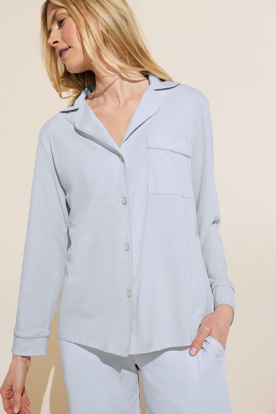 Piżama Damskie Eberjey Organic Pima Cotton Notch Collar Top & Pant PJ Set Niebieskie | IID5964TB