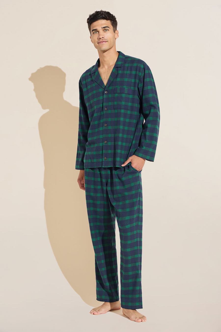 Piżama Męskie Eberjey Flannel Long PJ Set Granatowe Zielone | RSL2368JV